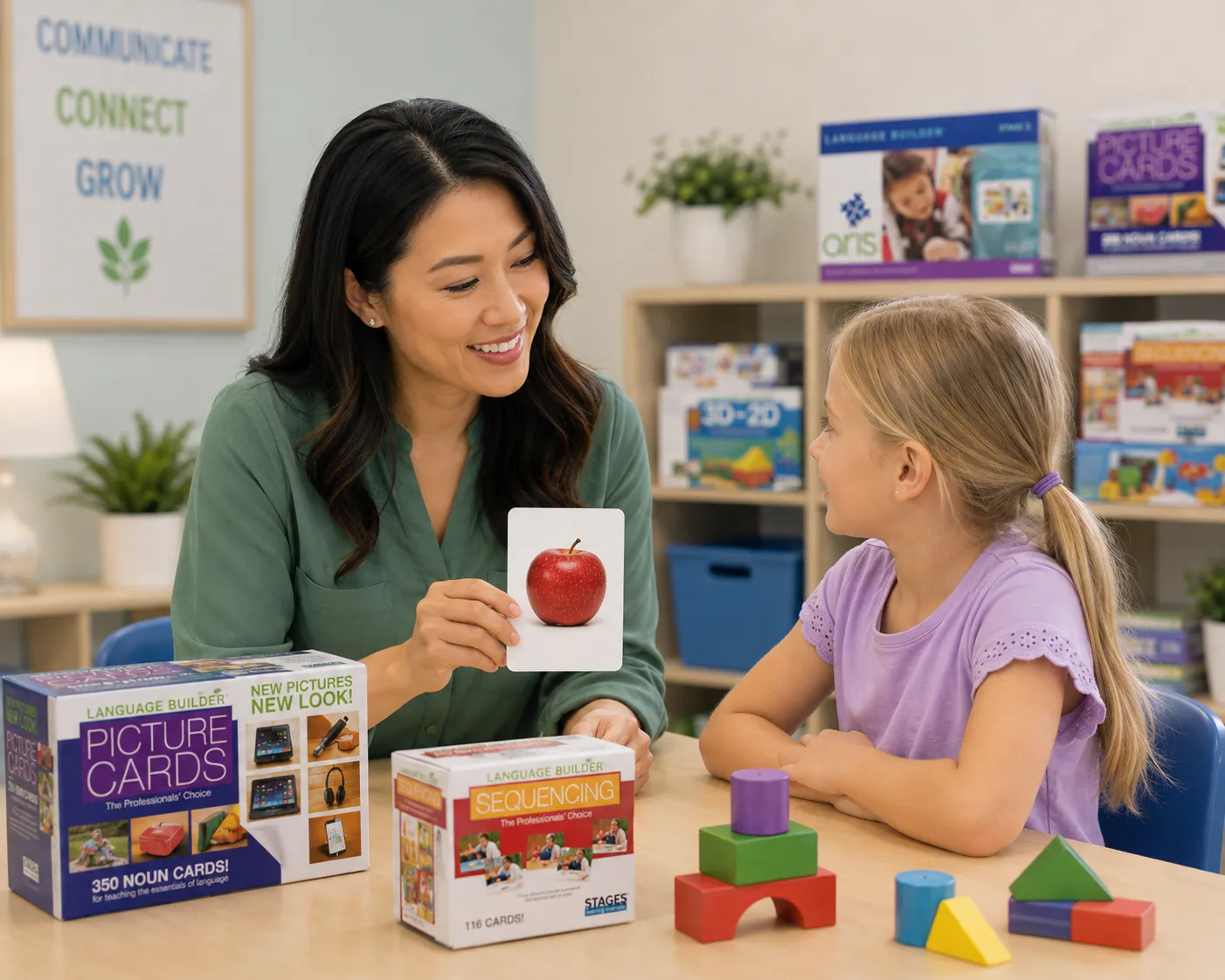 A clinician using Language Builder picture cards with a young child