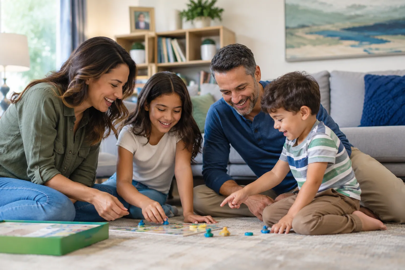 A family of four playing a board game together at home