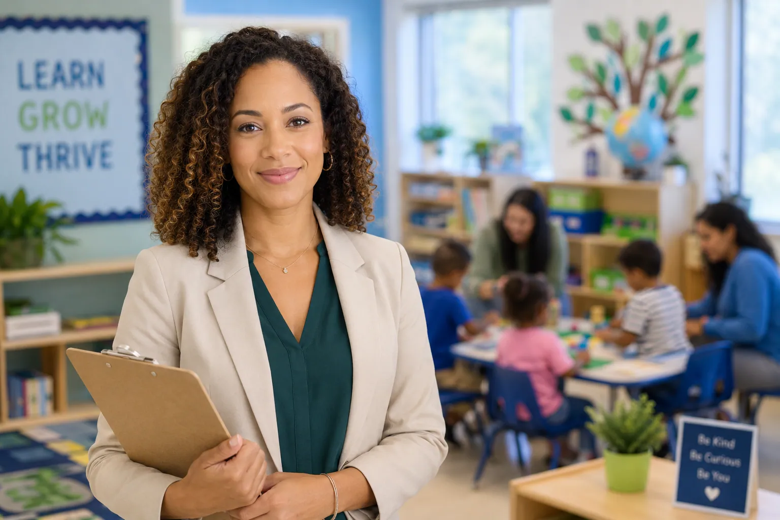 A teacher with a clipboard standing in a classroom of young learners