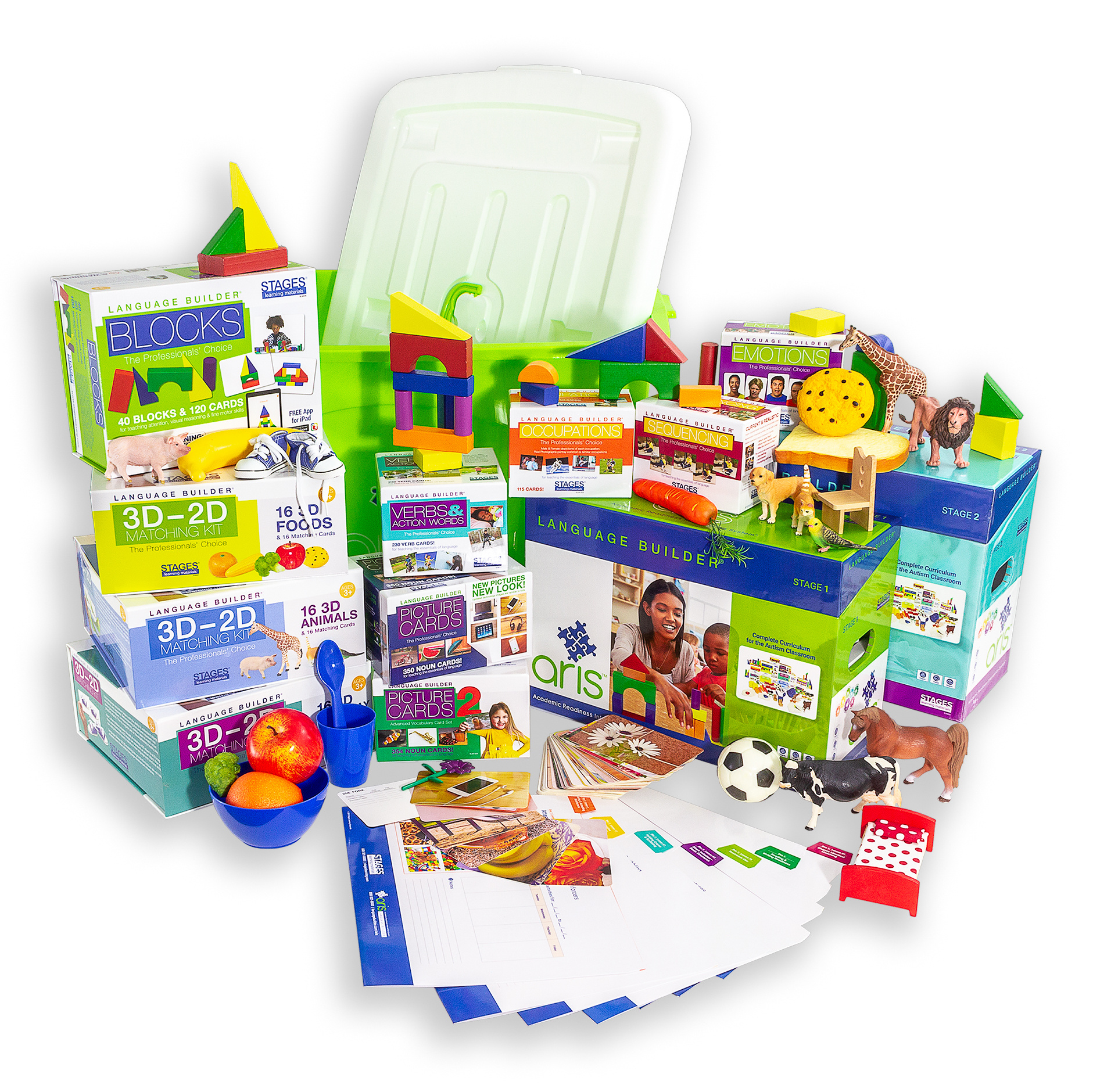 The full ARIS materials kit — the real Language Builder boxes, 3D objects, and matched picture cards Lesson 19 calls for