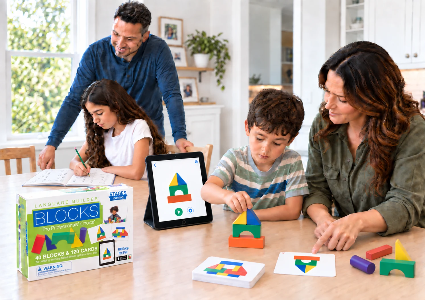 A young child doing the Block Imitation activity with ARIS blocks at home