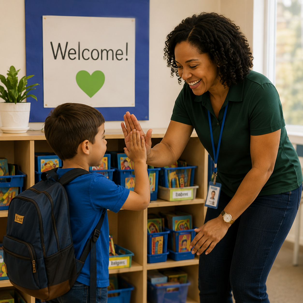 A teacher greeting young students as they arrive in the classroom