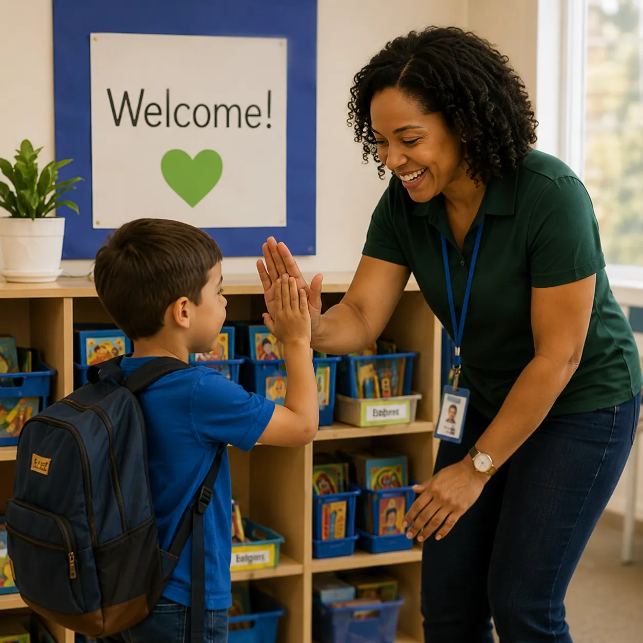 A teacher greeting young students as they arrive in the classroom