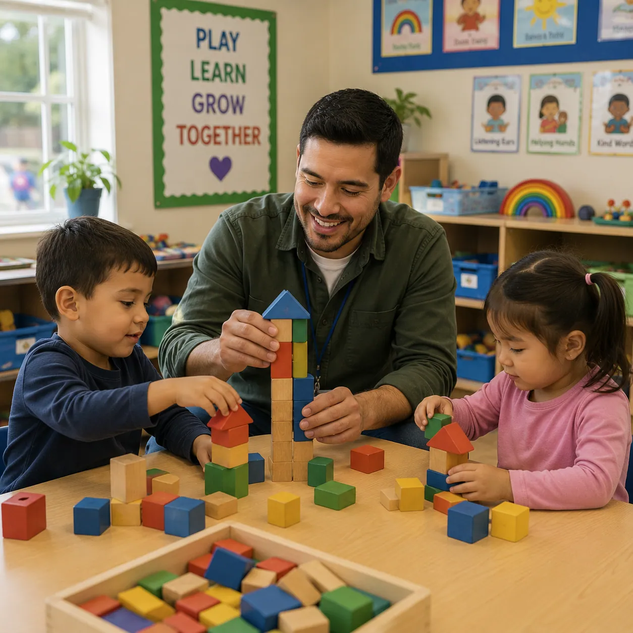 Young children building with wooden blocks at a classroom table