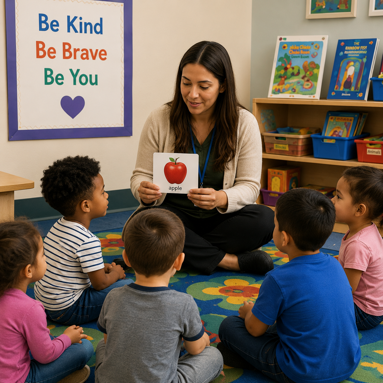 A teacher holding an apple picture card to a circle of seated children on a colorful rug
