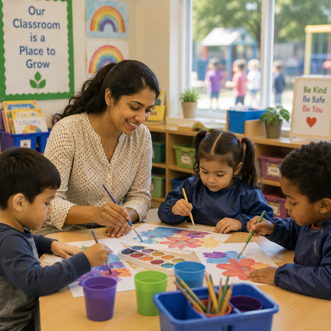 A child painting at an easel during a classroom art activity
