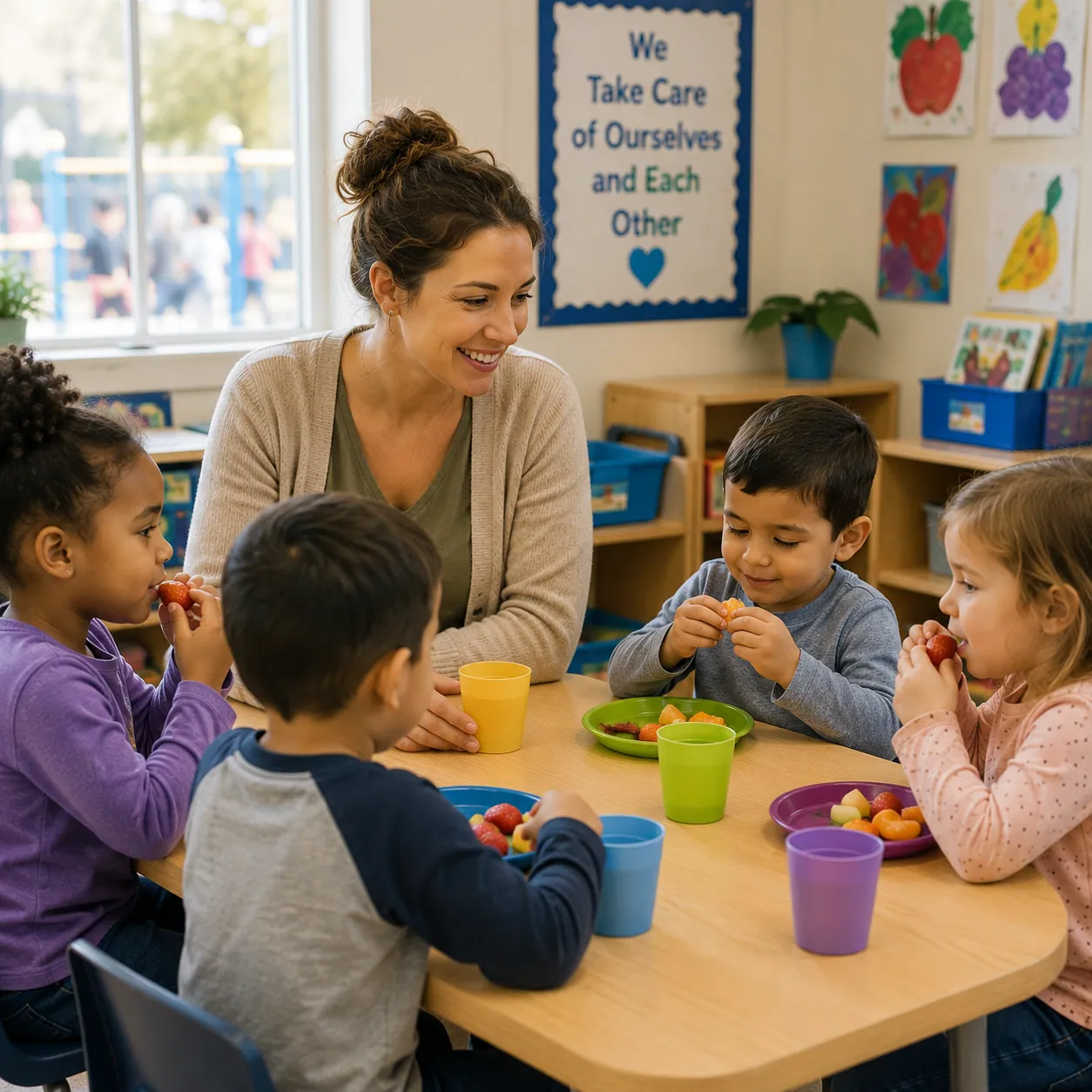 Children sharing a snack together at a preschool table