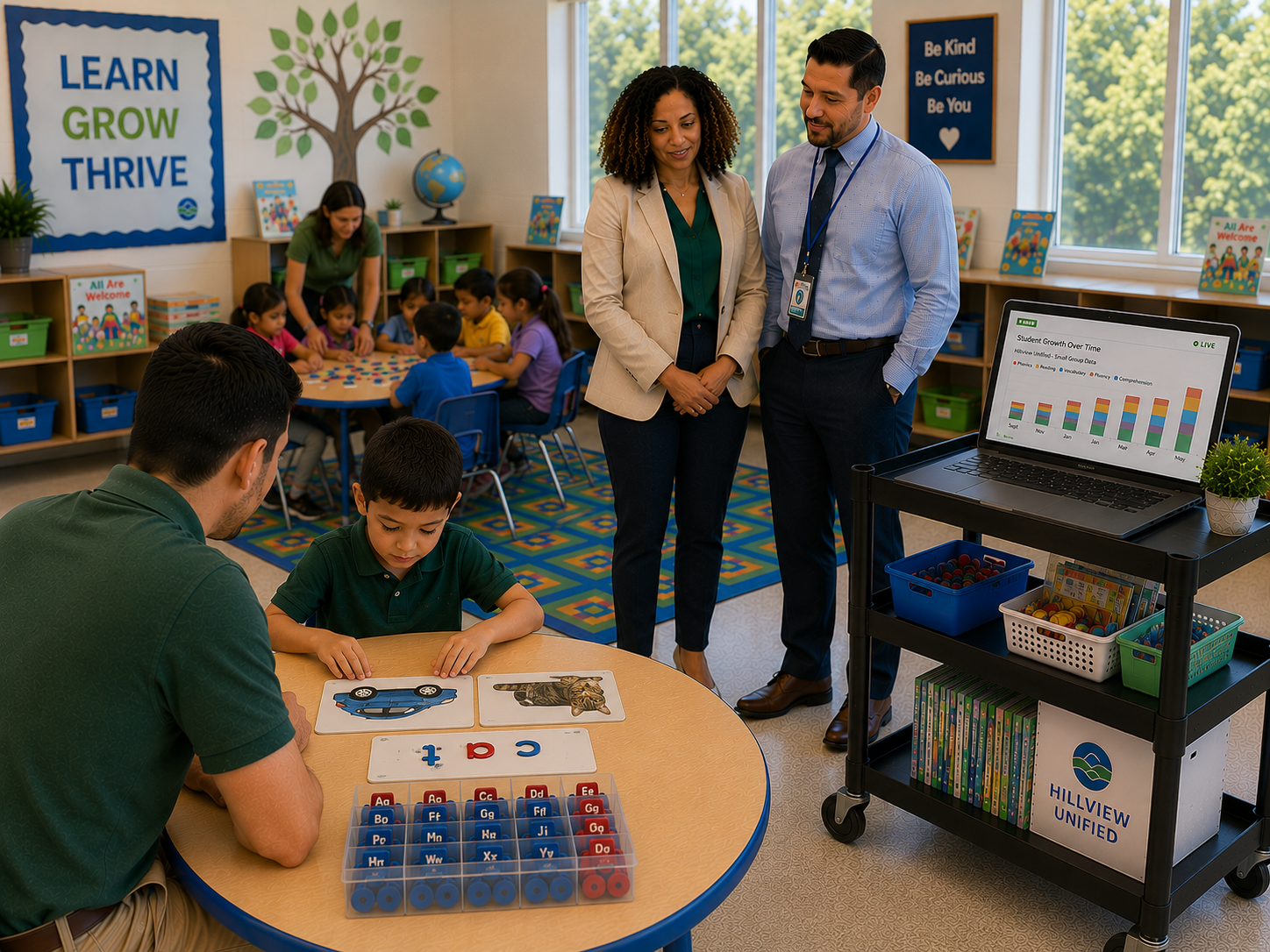 A district administrator reviewing student skills-growth data on a screen