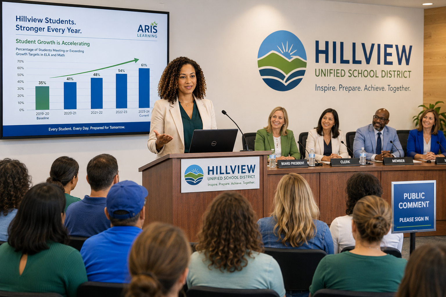 A superintendent presenting district data to a school board meeting