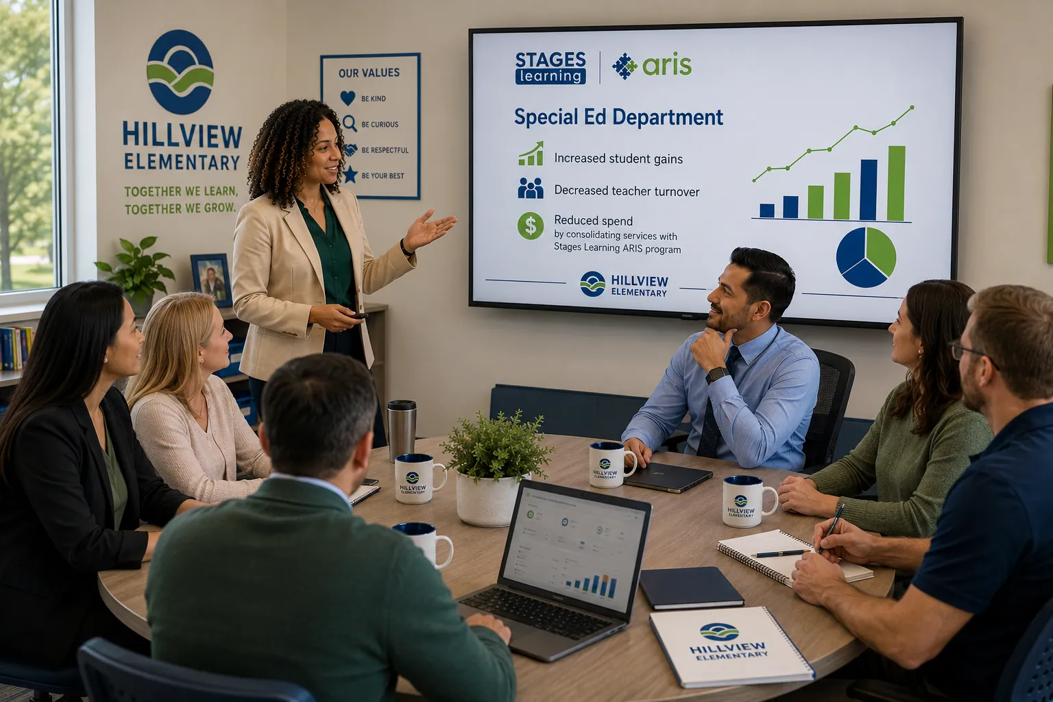 A district leadership team reviewing the Special Ed Department dashboard on screen in a staff meeting