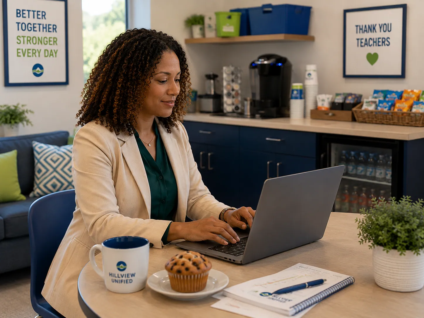 A teacher reviewing student progress on a laptop in the staff lounge