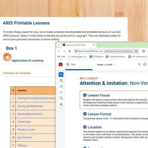 Sample printable ARIS lesson pages fanned out