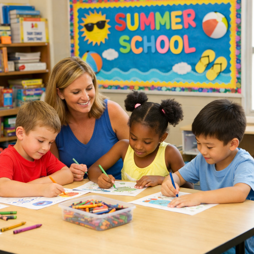 A teacher and three young students coloring at a table in a brightly decorated summer school classroom