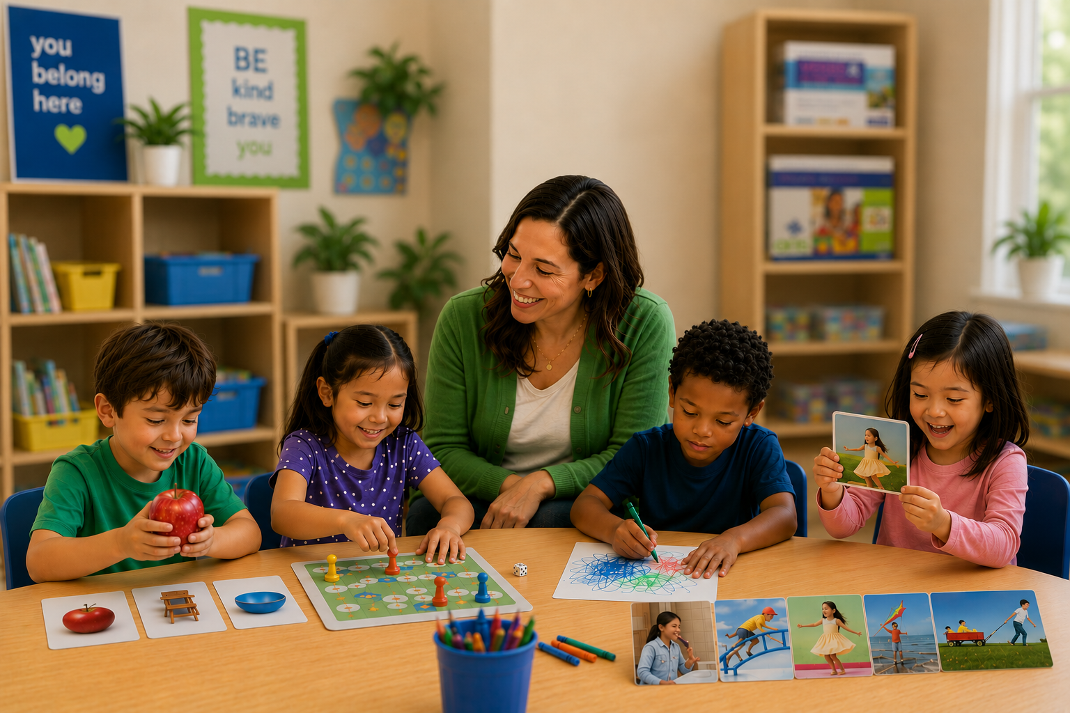 A calm Monday: a teacher at a table with four young students doing matching, drawing, and language-card activities in a bright preschool classroom.