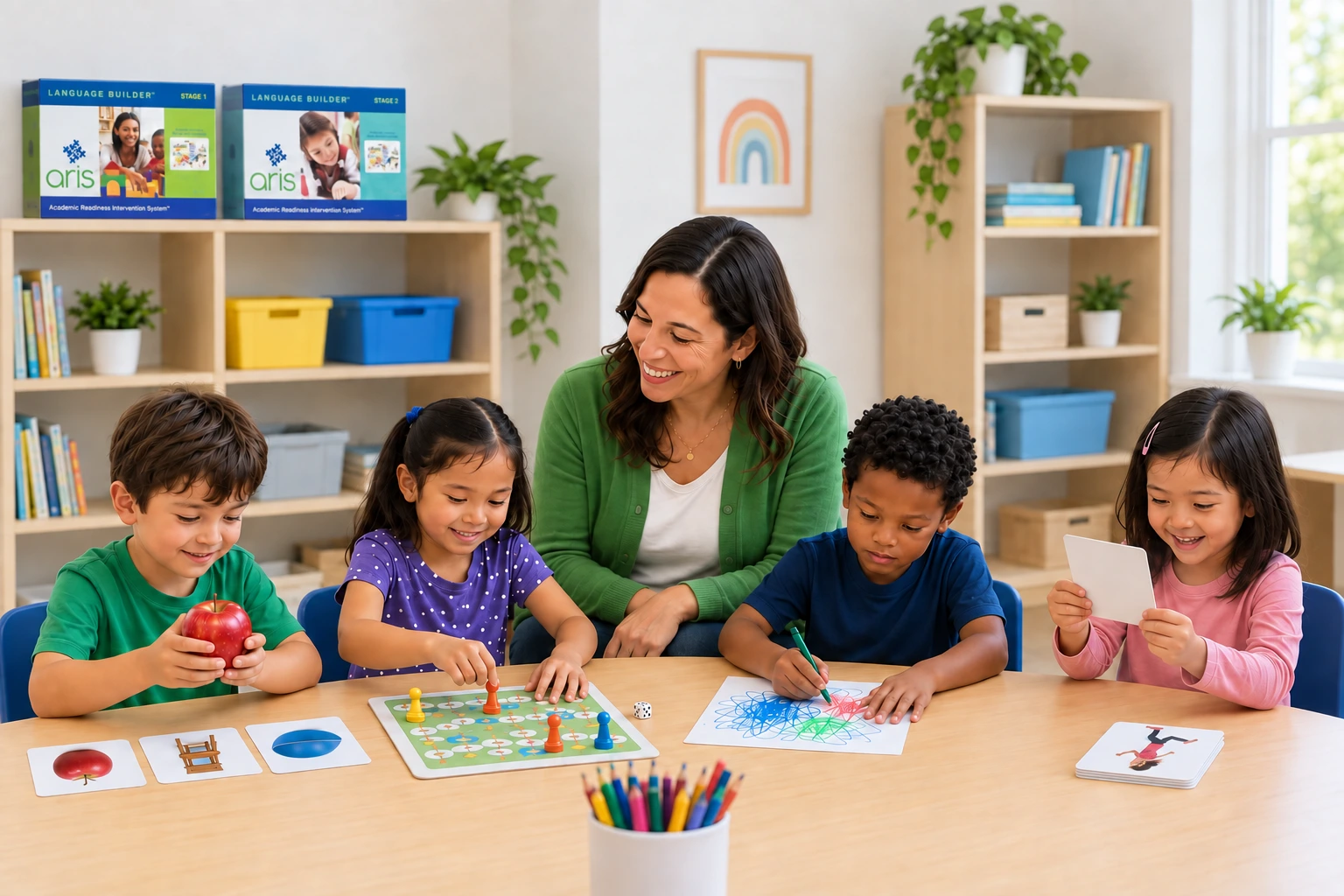 A calm Monday: a teacher at a table with four young students doing matching, drawing, and language-card activities in a bright preschool classroom.