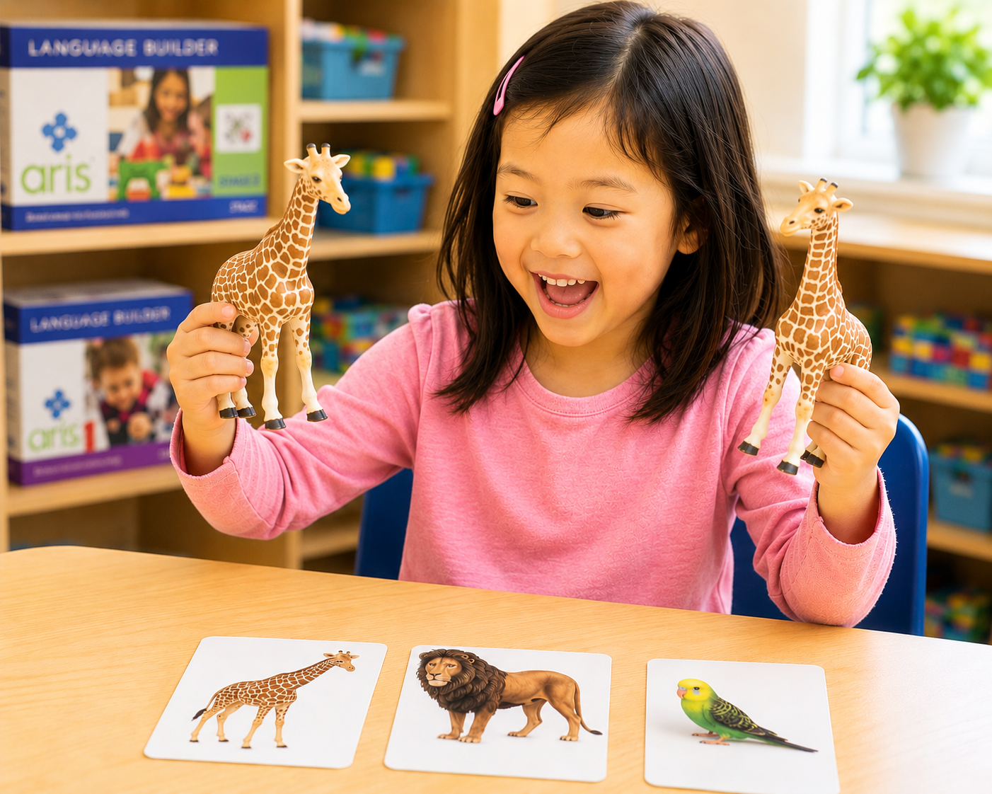 A young student matching two toy giraffes during a 1:1 teaching session