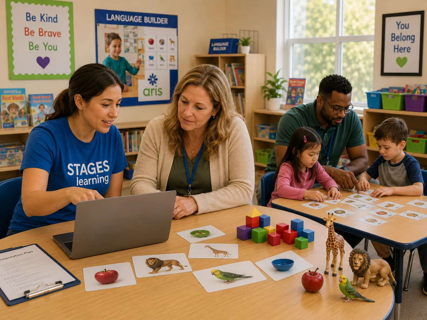 A coach and teachers meeting around a table in a classroom