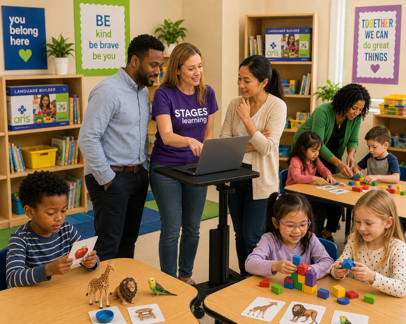 A Stages implementation coach in a Stages-branded purple shirt at the laptop with two teachers, while a third teacher supports children working on matching and language activities in the same bright classroom