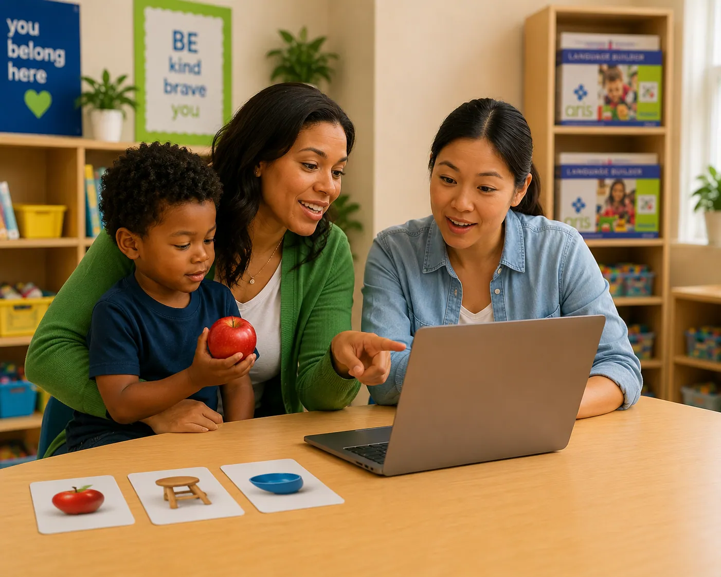 Two teachers reviewing a student's running notes together on a laptop in a bright preschool classroom